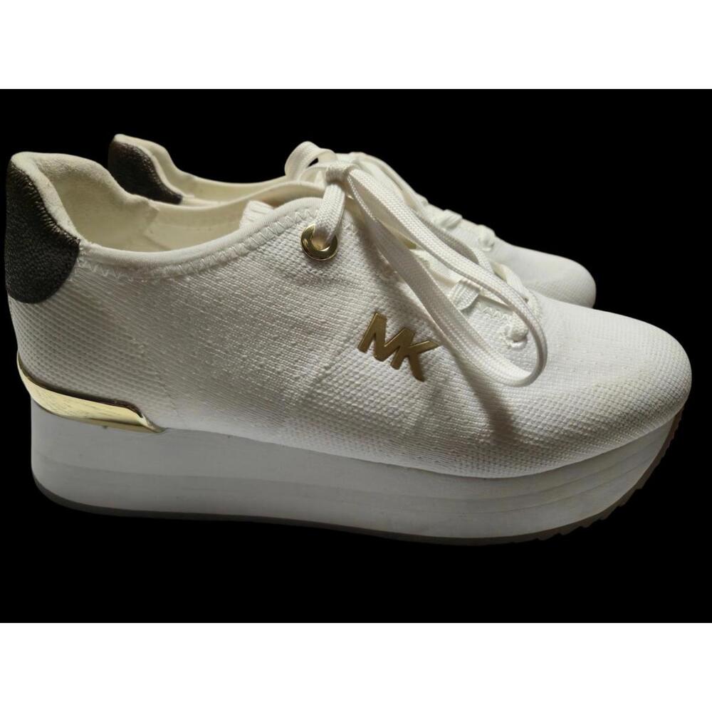 Michael Kors White/Gold Monique Knit Trainers Lace up Retro Running Sneaker NWOT